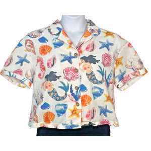 Cider Sz M Boxy Button Down Blouse Short Sleeves Shell & Mermaid Print Beachy